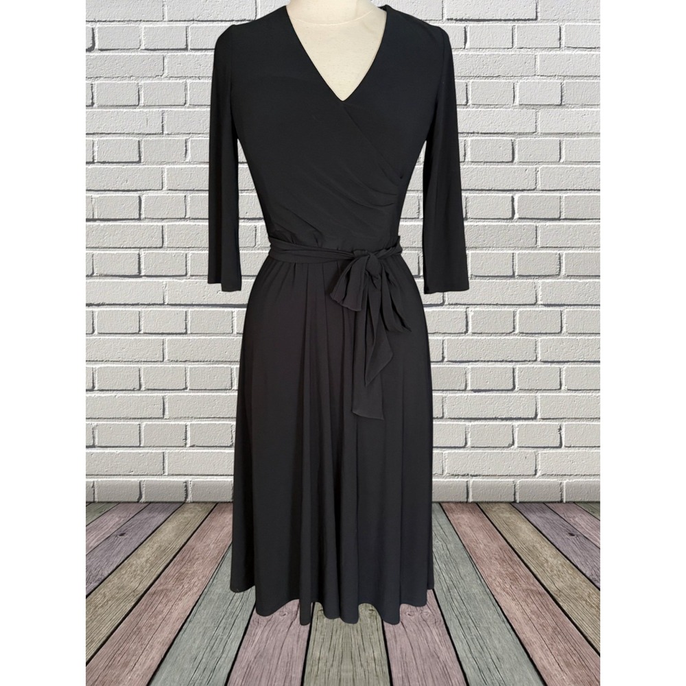 Lauren Ralph Lauren Black Ruched Faux Wrap Midi Dress Sz 4 Minimalist 3/4 Sleeve